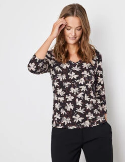 Taifun Gemustertes 3/4 Arm Shirt Mit V-Ausschnitt